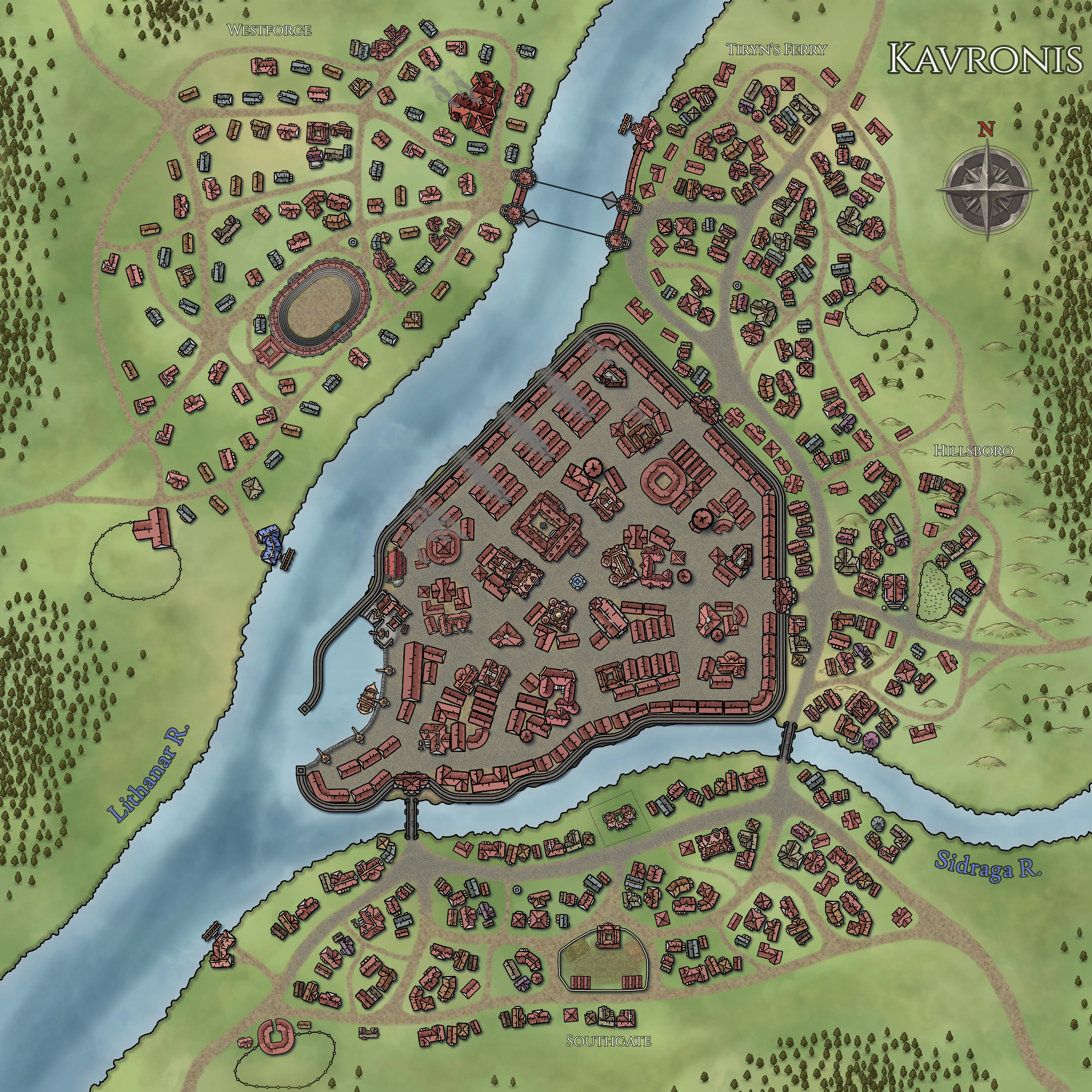 Map of Kavronis showing the walled city, rivers, roads, outer wards, bridges, and ferry works.